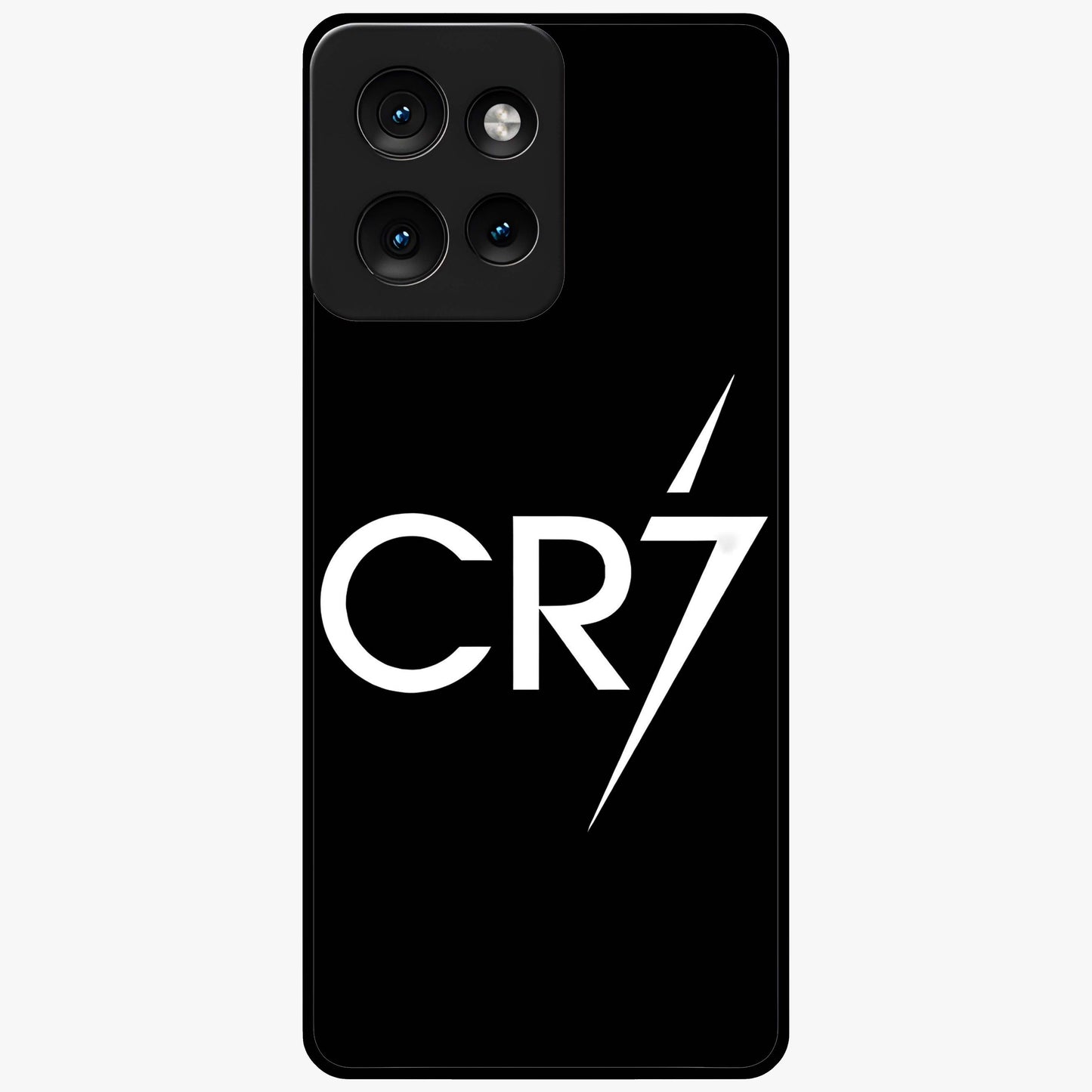 Cr7 Elite Strike Glass Case showing flat back view with dynamic football inspired artwork and glossy glass finish.