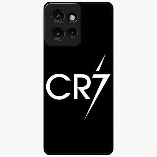 Cr7 Elite Strike Glass Case showing flat back view with dynamic football inspired artwork and glossy glass finish.