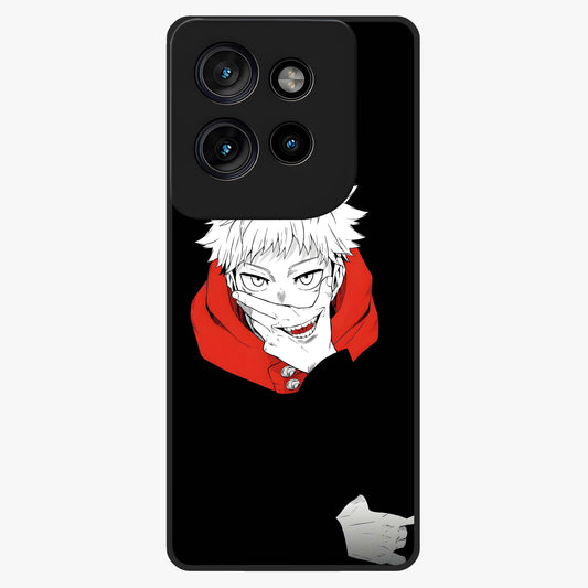 Crimson Chaos Smile Glass Case showing flat back view with bold chaotic smile artwork and glossy glass finish.