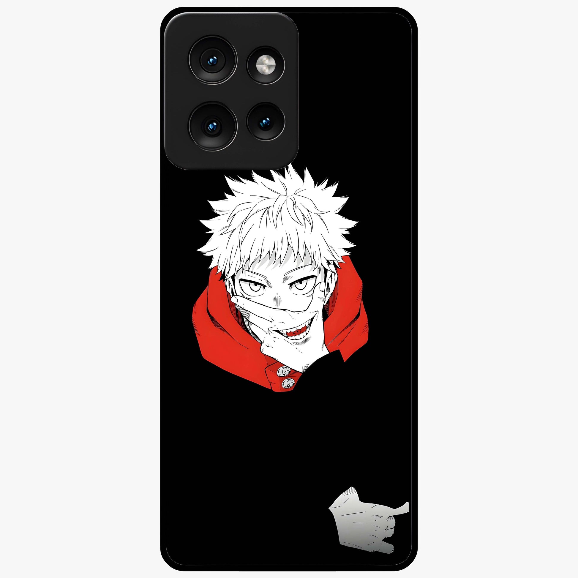 Crimson Chaos Smile Glass Case showing flat back view with bold chaotic smile artwork and glossy glass finish.