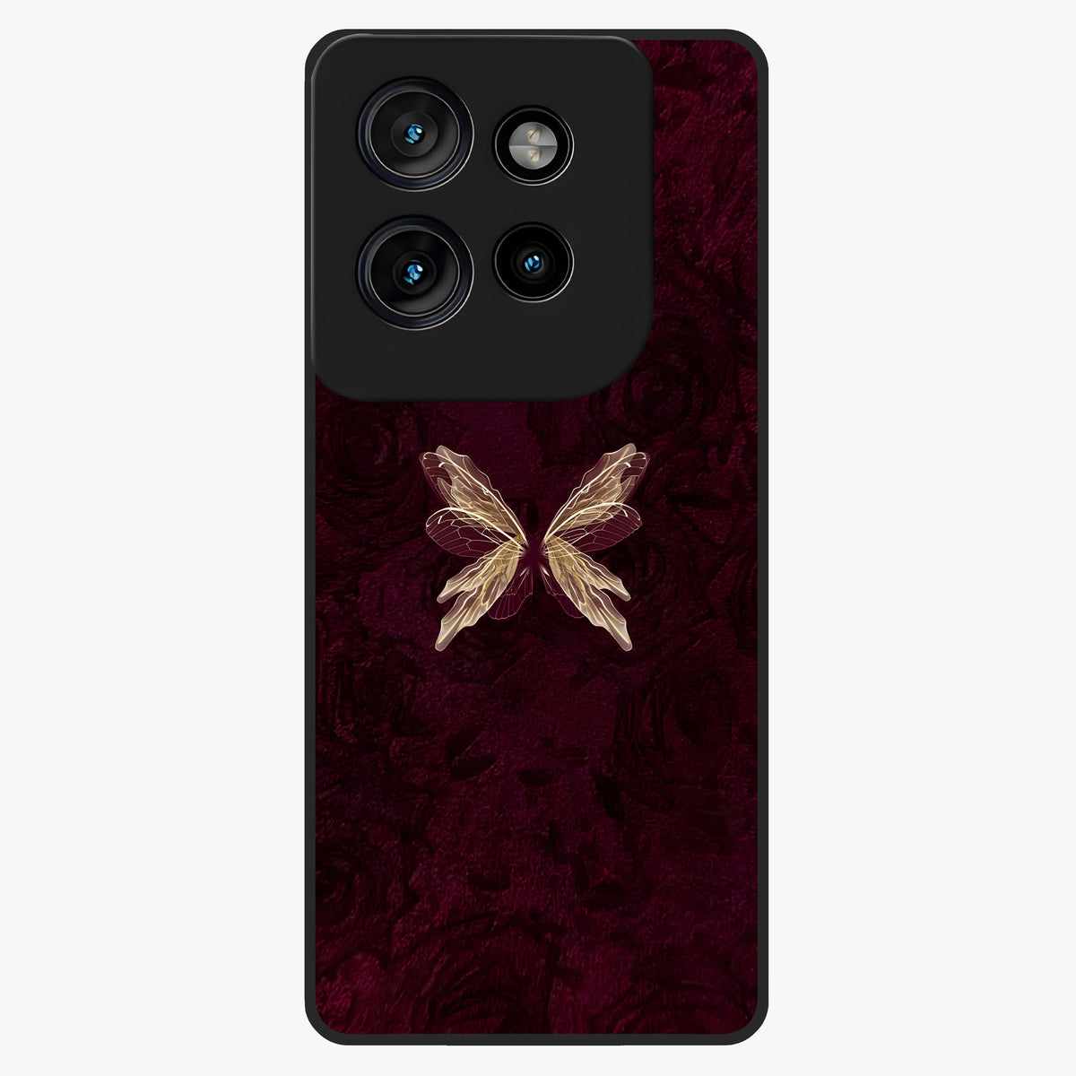 Crimson Fade Butterfly Glass Case showing flat back view with fading butterfly artwork and glossy glass finish.