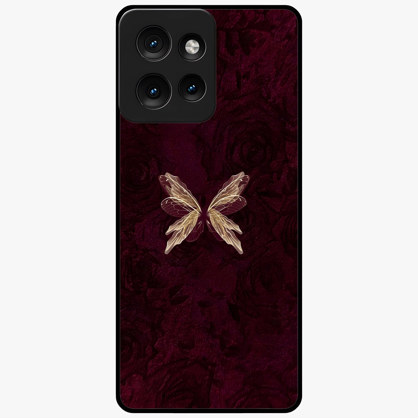 Crimson Fade Butterfly Glass Case showing flat back view with fading butterfly artwork and glossy glass finish.