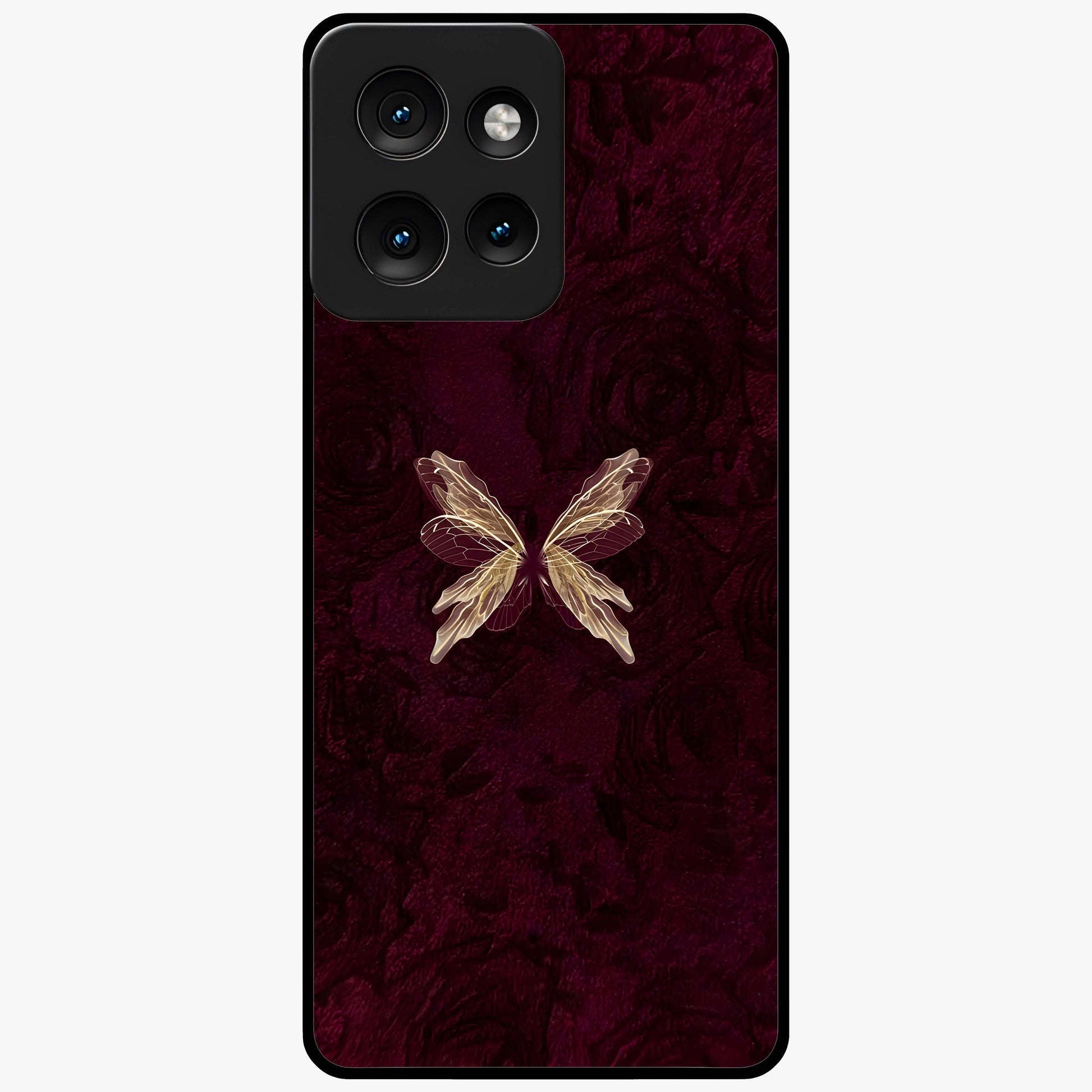 Crimson Fade Butterfly Glass Case showing flat back view with fading butterfly artwork and glossy glass finish.