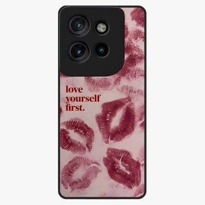 Crimson Kiss Love Glass Case showing flat back view with romantic crimson themed artwork and glossy glass finish.