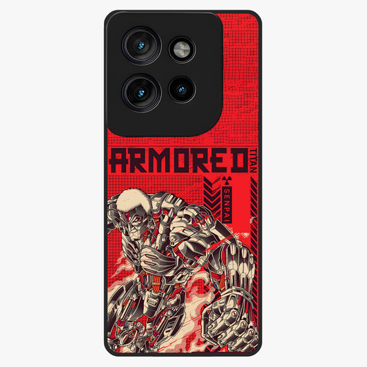 Crimson Mecha Titan Glass Case showing flat back view with powerful mech titan artwork and glossy glass finish.