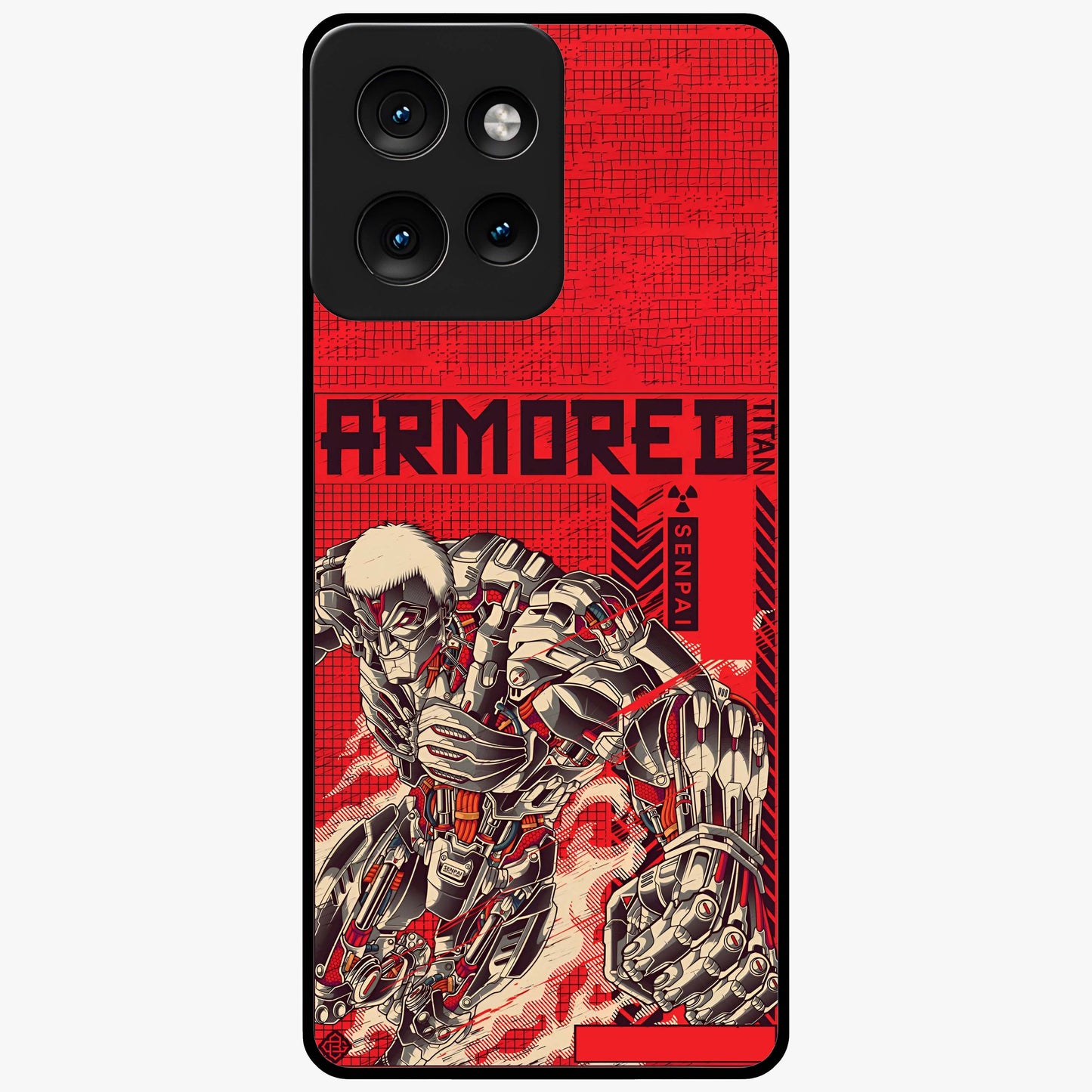Crimson Mecha Titan Glass Case showing flat back view with powerful mech titan artwork and glossy glass finish.