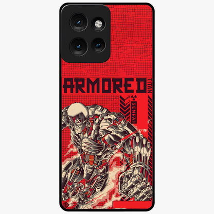 Crimson Mecha Titan Glass Case showing flat back view with powerful mech titan artwork and glossy glass finish.
