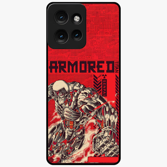Crimson Mecha Titan Glass Case showing flat back view with powerful mech titan artwork and glossy glass finish.