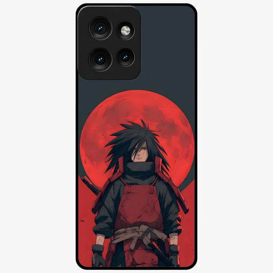 Crimson Moon Warlord Glass Case showing flat back view with mystical moon warrior artwork and glossy glass finish.