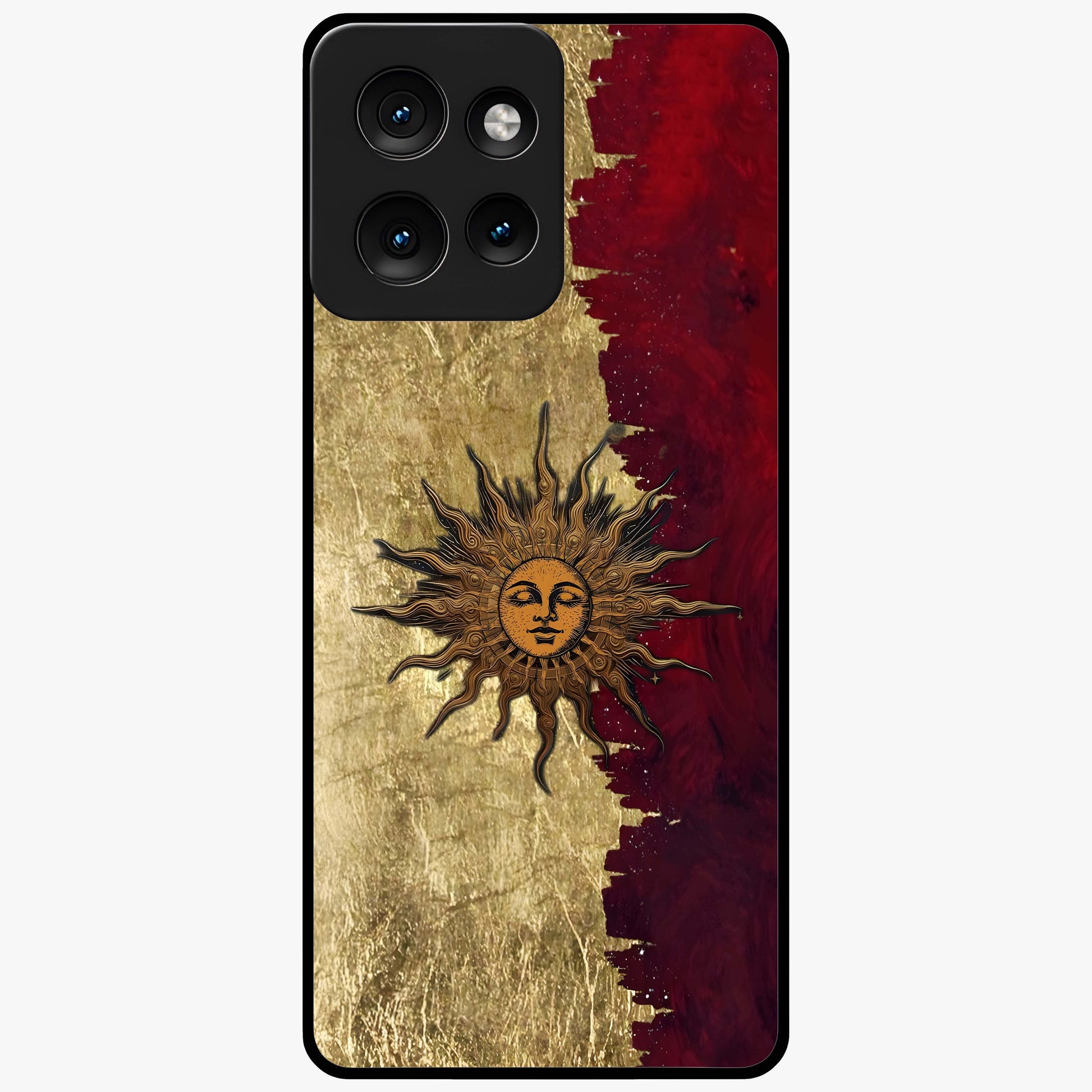 Crimson Sun Majesty Glass Case showing flat back view with radiant sun inspired artwork and glossy glass finish.
