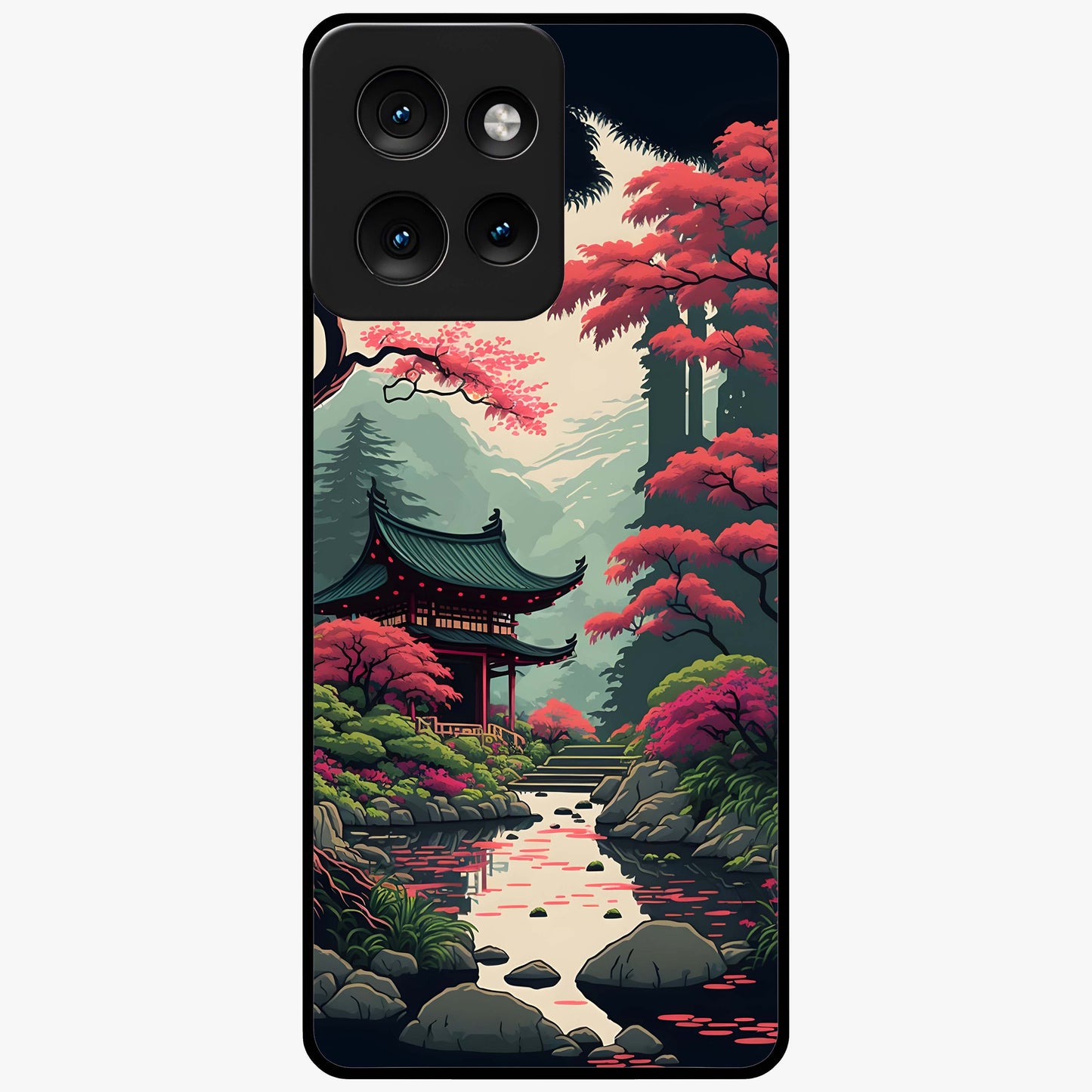 Crimson Temple View Glass Case showing flat back view with temple inspired artwork and glossy glass finish.