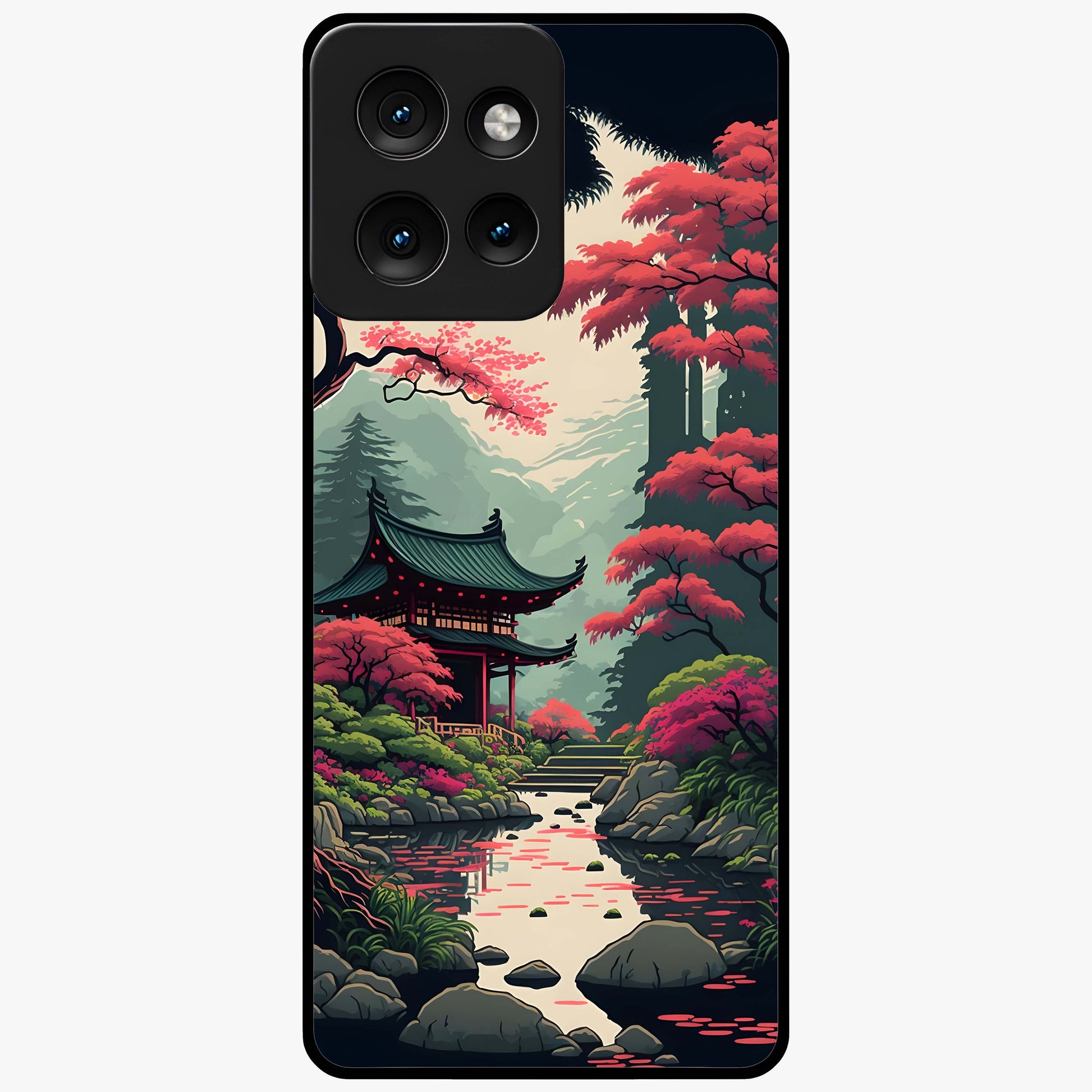 Crimson Temple View Glass Case showing flat back view with temple inspired artwork and glossy glass finish.