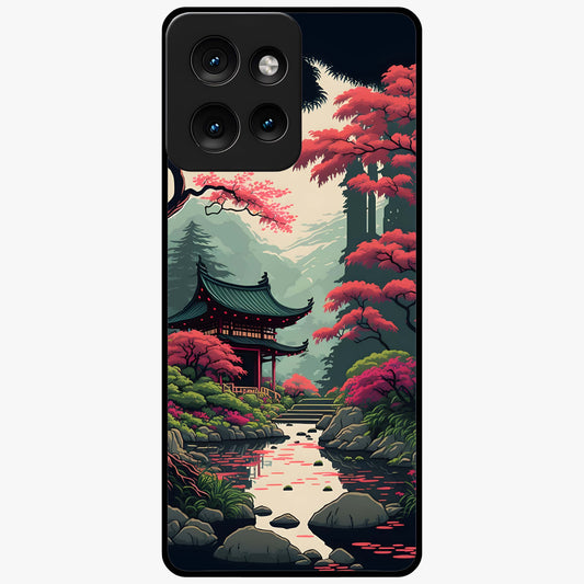 Crimson Temple View Glass Case showing flat back view with temple inspired artwork and glossy glass finish.