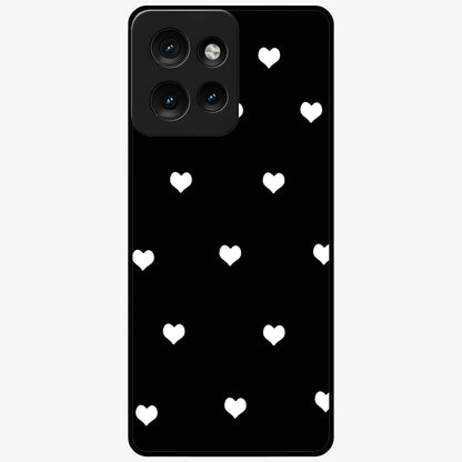 Cute And Simple White Hearts Glass Case showing flat back view with minimal white heart pattern and glossy glass finish.