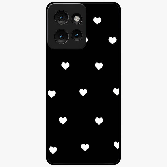 Cute And Simple White Hearts Glass Case showing flat back view with minimal white heart pattern and glossy glass finish.