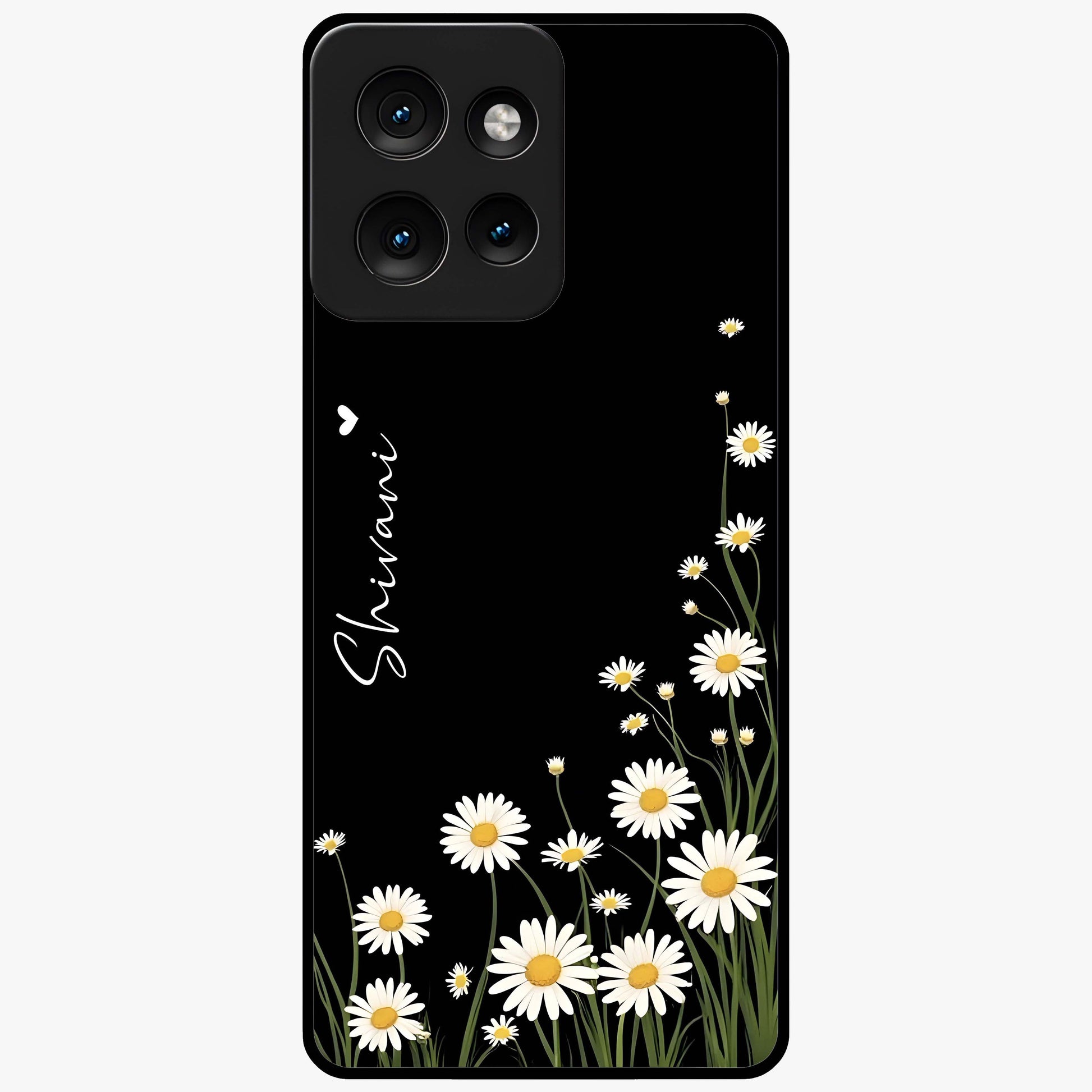 Daisy Cascade Custom Name Glass Case showing flat back view with cascading daisy flowers and personalized name design.
