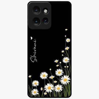 Daisy Cascade Custom Name Glass Case showing flat back view with cascading daisy flowers and personalized name design.