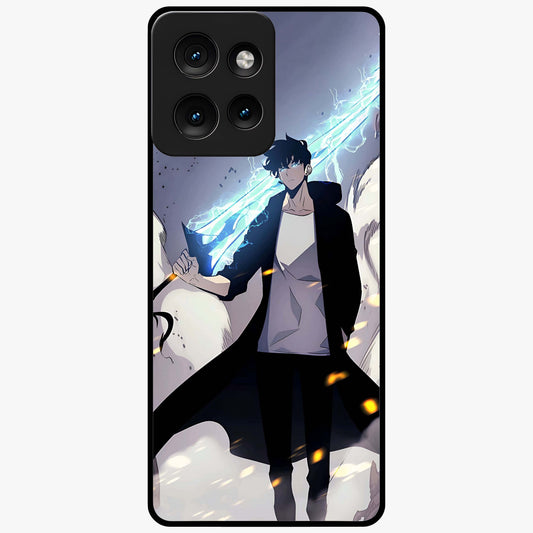 Dark Lightning Anime Warrior Glass Case showing flat back view with intense anime warrior artwork and glossy glass finish.