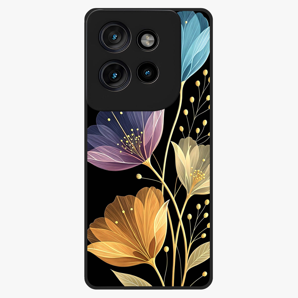 Delicate Multicolor Flowers Glass Case showing flat back view with vibrant floral artwork and glossy glass finish.