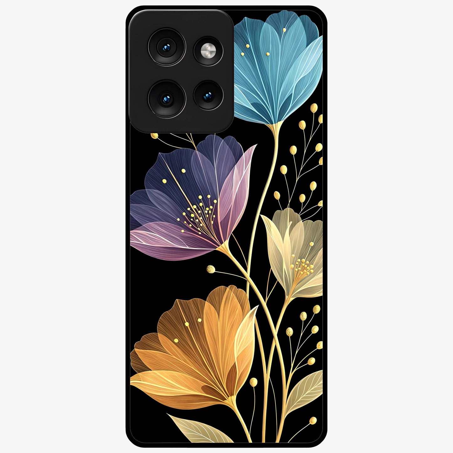 Delicate Multicolor Flowers Glass Case showing flat back view with vibrant floral artwork and glossy glass finish.