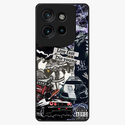 Die Young Glass Case showing flat back view with bold artistic typography design and glossy glass finish.