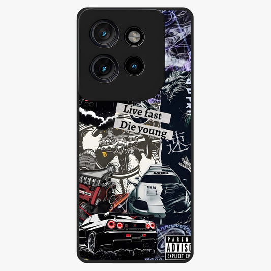 Die Young Glass Case showing flat back view with bold artistic typography design and glossy glass finish.