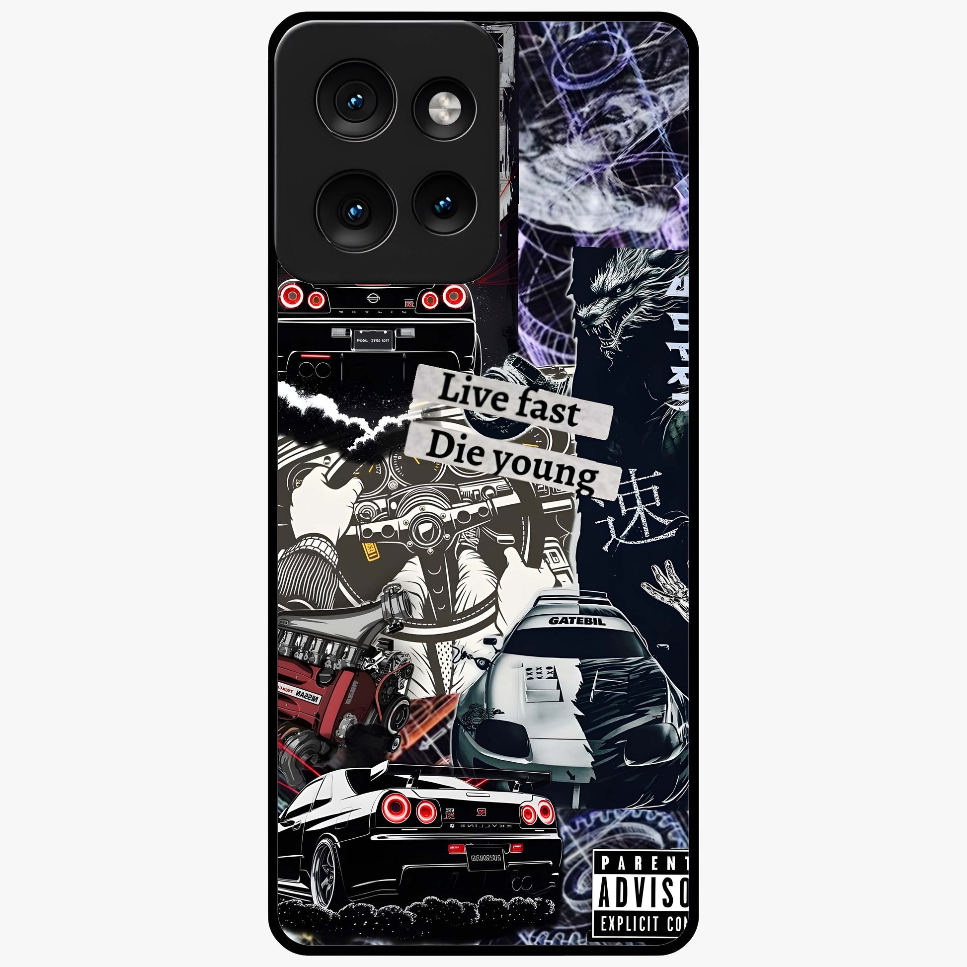 Die Young Glass Case showing flat back view with bold artistic typography design and glossy glass finish.