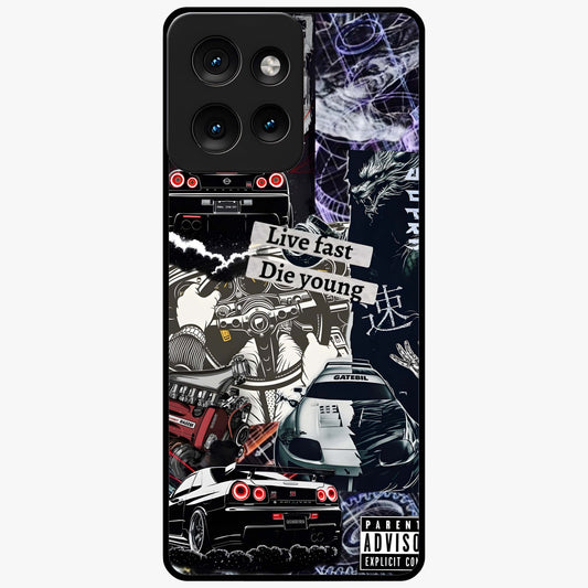Die Young Glass Case showing flat back view with bold artistic typography design and glossy glass finish.