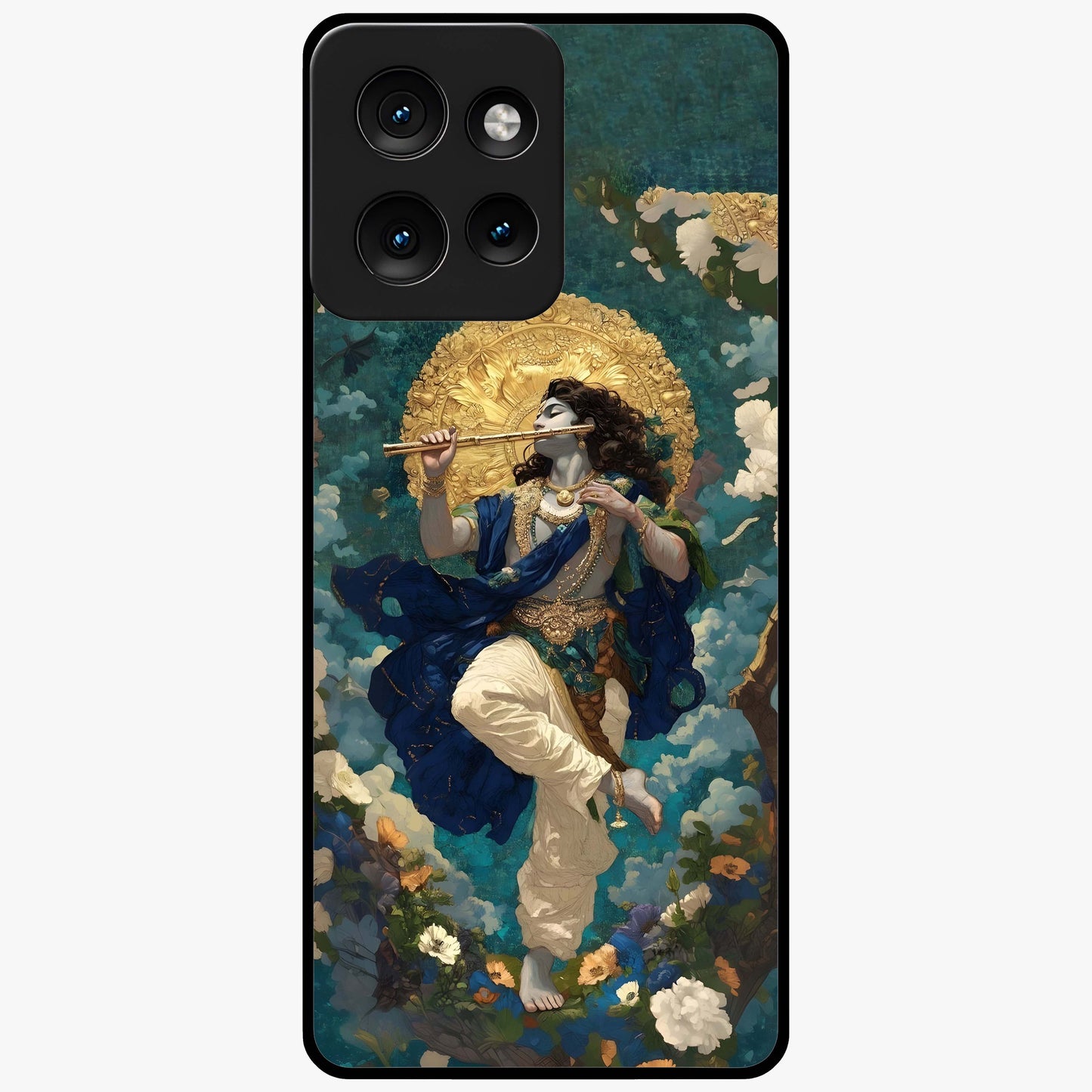 Divine Krishna Art Glass Case showing flat back view with Lord Krishna artwork and glossy glass finish.