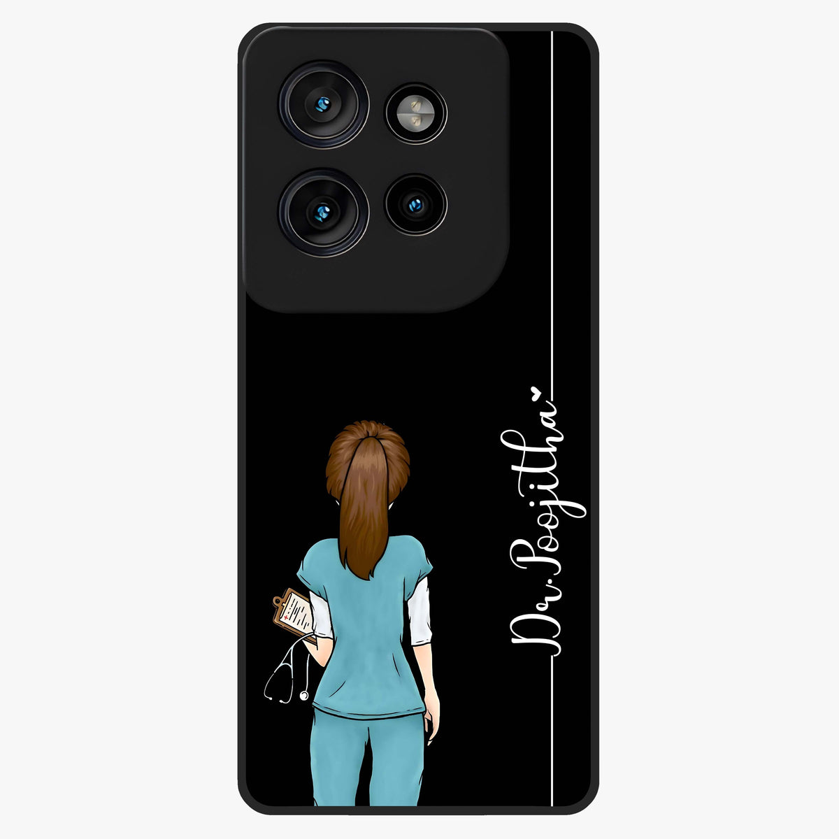 Doctor Pattern Custom Name Glass Case showing flat back view with medical themed pattern and personalized name design.