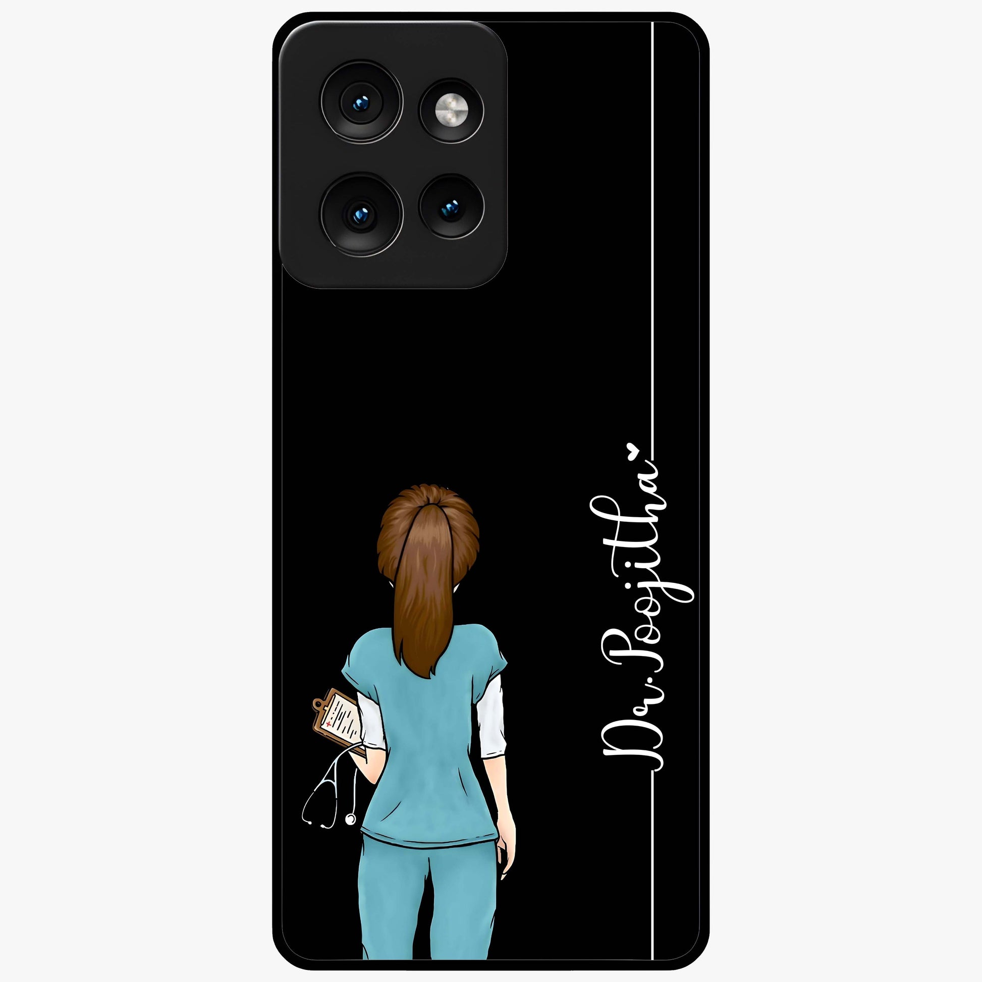 Doctor Pattern Custom Name Glass Case showing flat back view with medical themed pattern and personalized name design.