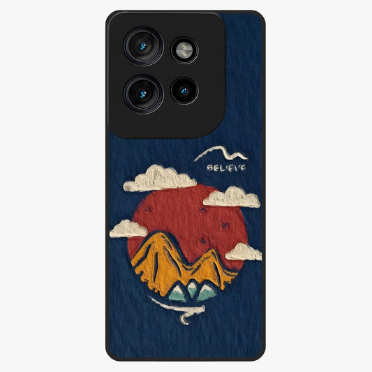 Dream Beyond Mountains Glass Case showing flat back view with scenic mountain landscape artwork and glossy glass finish.