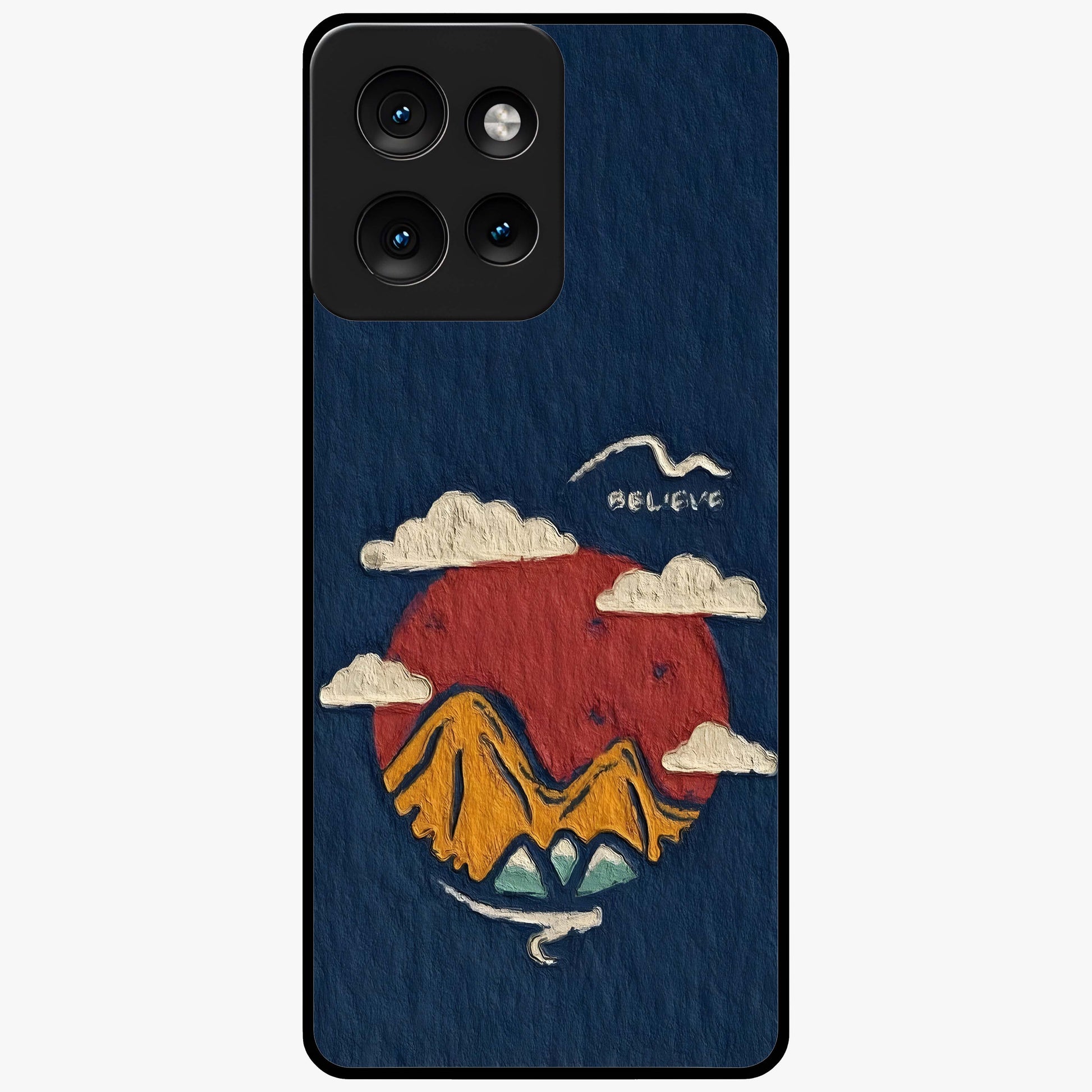 Dream Beyond Mountains Glass Case showing flat back view with scenic mountain landscape artwork and glossy glass finish.