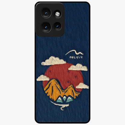 Dream Beyond Mountains Glass Case showing flat back view with scenic mountain landscape artwork and glossy glass finish.