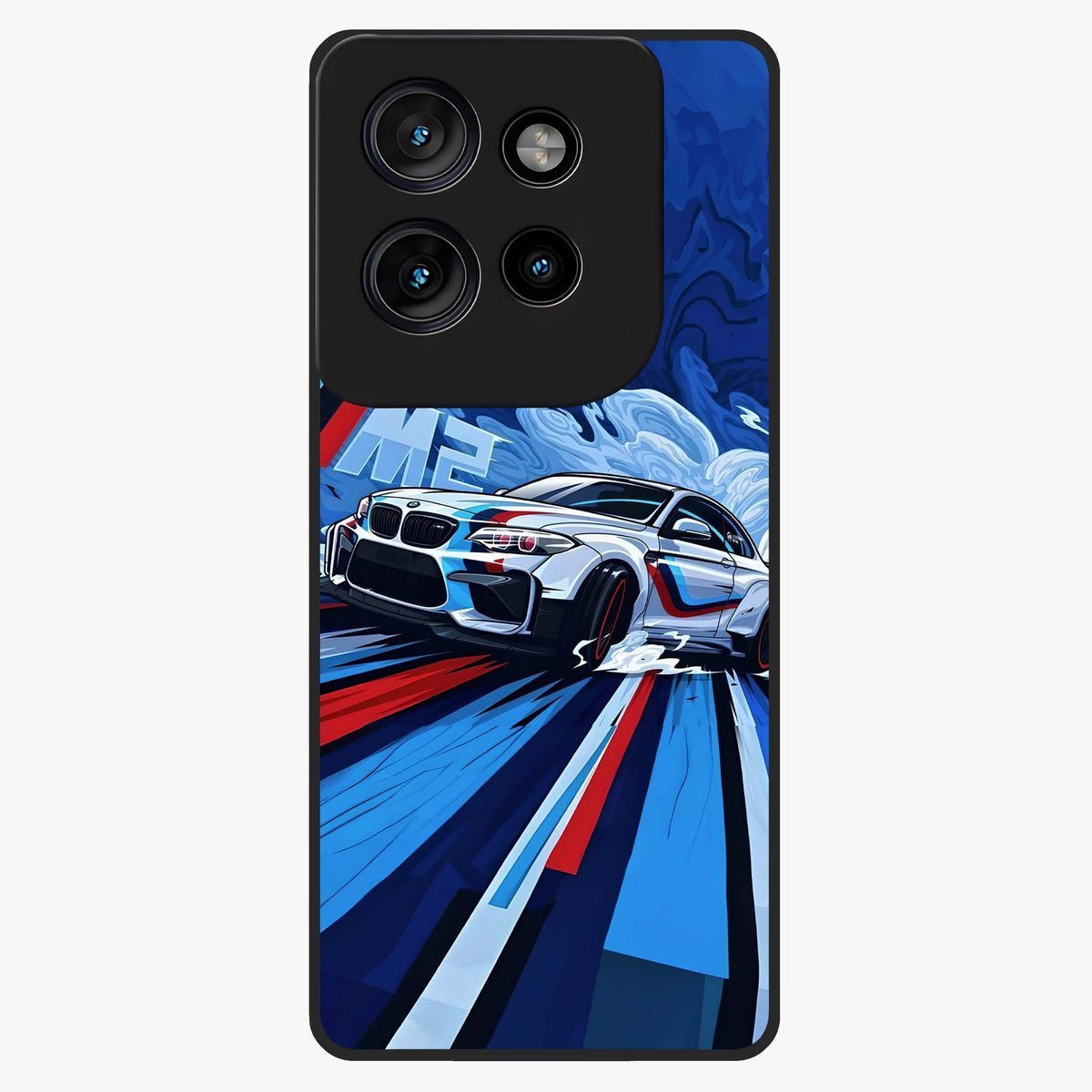Drift Power Rush Glass Case showing flat back view with dynamic racing inspired artwork and glossy glass finish.