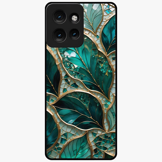 Emerald Leaf Glass Glass Case showing flat back view with emerald green leaf artwork and glossy glass finish.