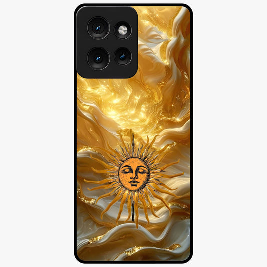 Eternal Golden Glow Glass Case showing flat back view with radiant golden themed artwork and glossy glass finish.
