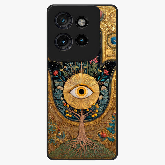 Ethereal Evil Eye Glass Case showing flat back view with mystical evil eye artwork and glossy glass finish.