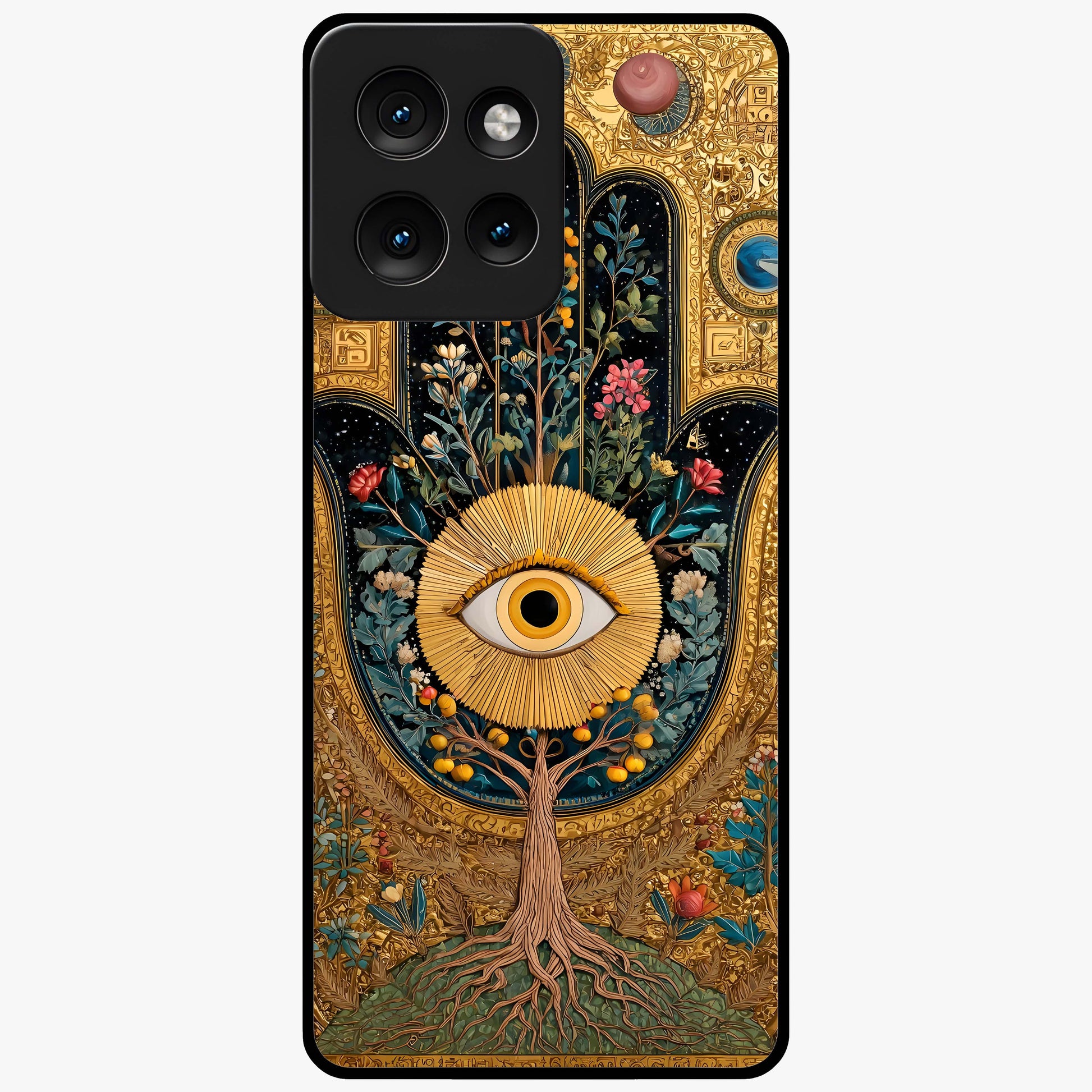 Ethereal Evil Eye Glass Case showing flat back view with mystical evil eye artwork and glossy glass finish.