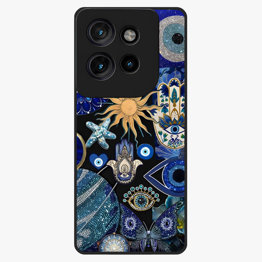 Evil Eye Charm Mix Glass Case showing flat back view with multiple evil eye charms artwork and glossy glass finish.