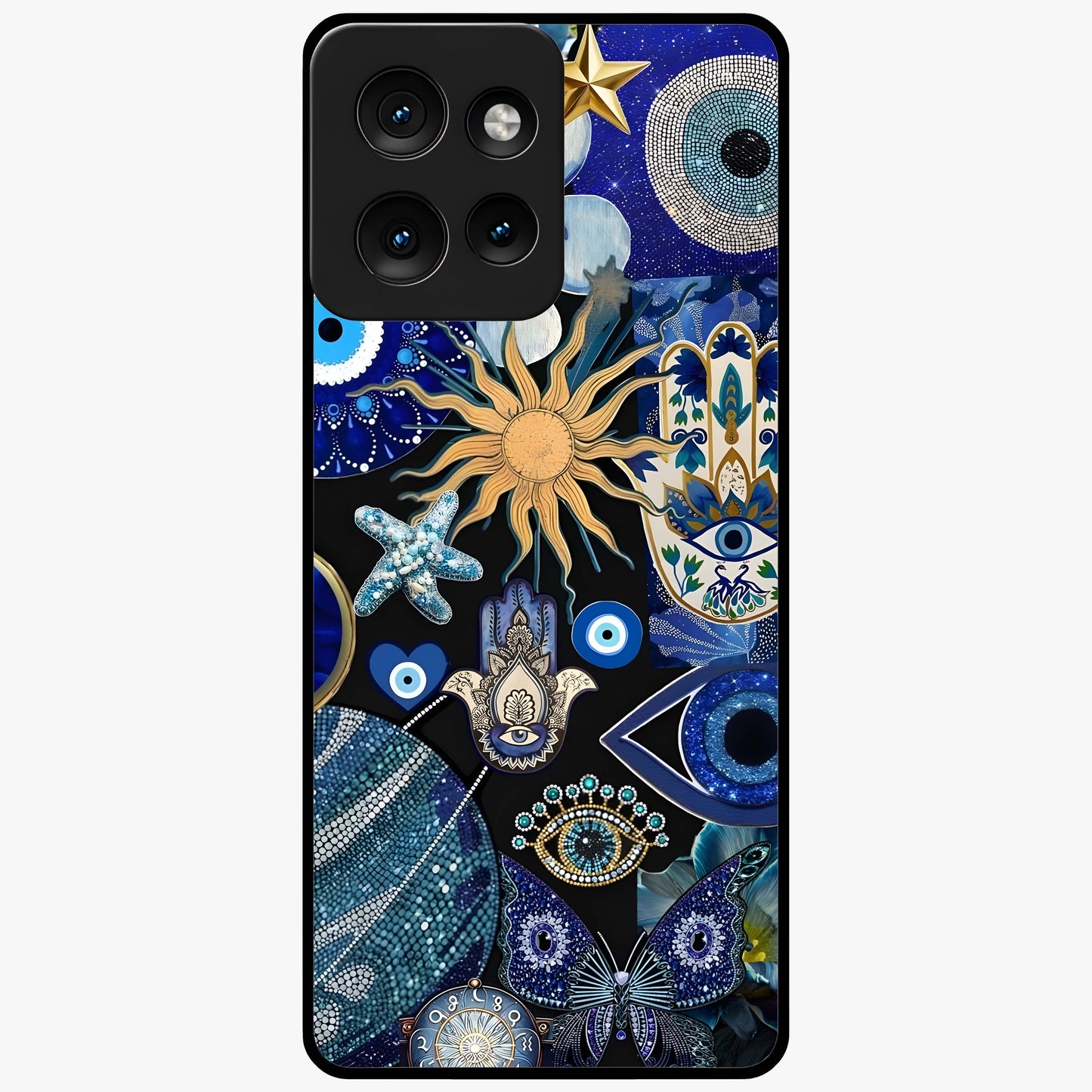 Evil Eye Charm Mix Glass Case showing flat back view with multiple evil eye charms artwork and glossy glass finish.
