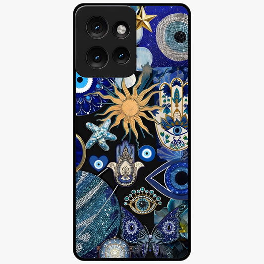 Evil Eye Charm Mix Glass Case showing flat back view with multiple evil eye charms artwork and glossy glass finish.