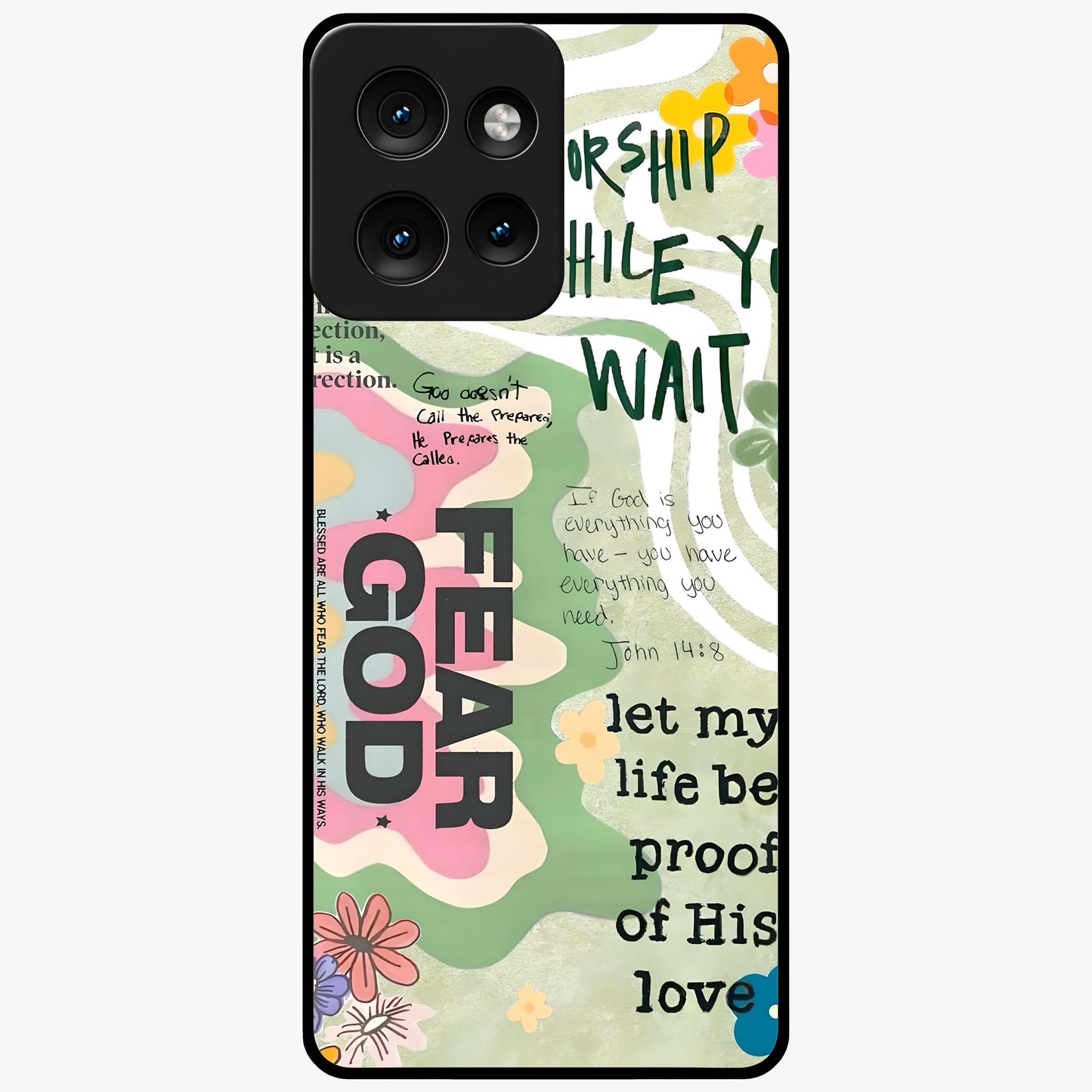 Faith Over Fear Glass Case showing flat back view with motivational typography artwork and glossy glass finish.