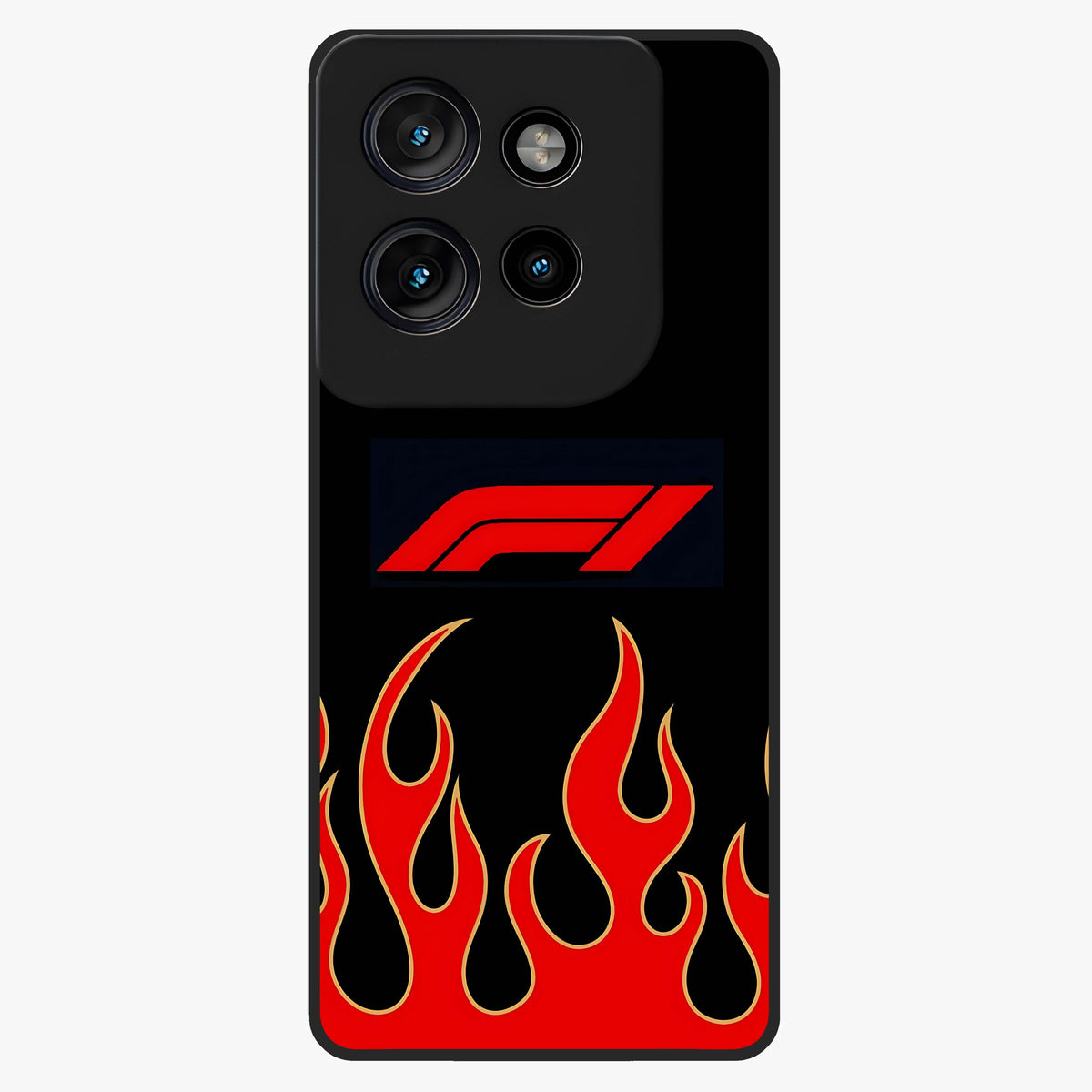 Fire F11 Glass Case showing flat back view with fiery themed artwork and glossy glass finish.