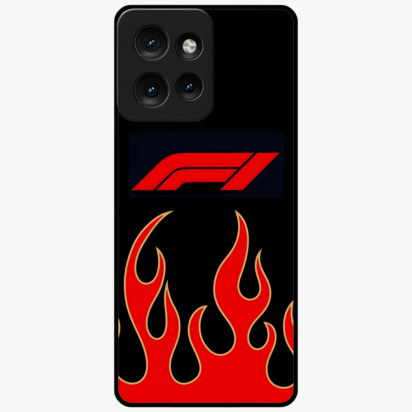 Fire F11 Glass Case showing flat back view with fiery themed artwork and glossy glass finish.