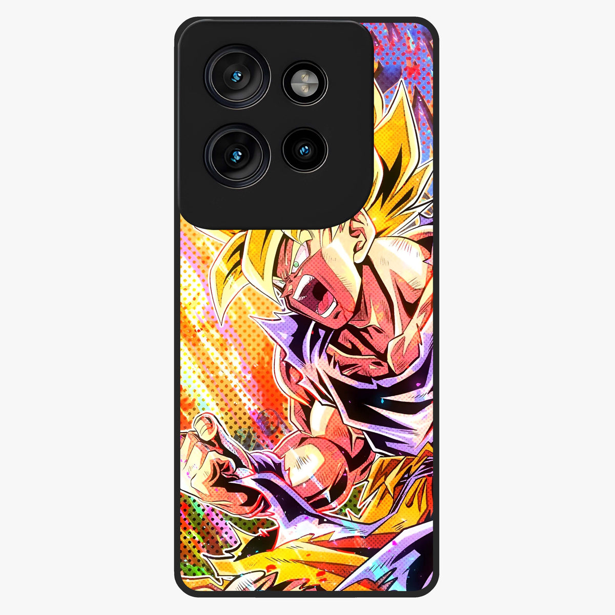 Firing Goku Glass Case showing flat back view with powerful anime inspired artwork and glossy glass finish.