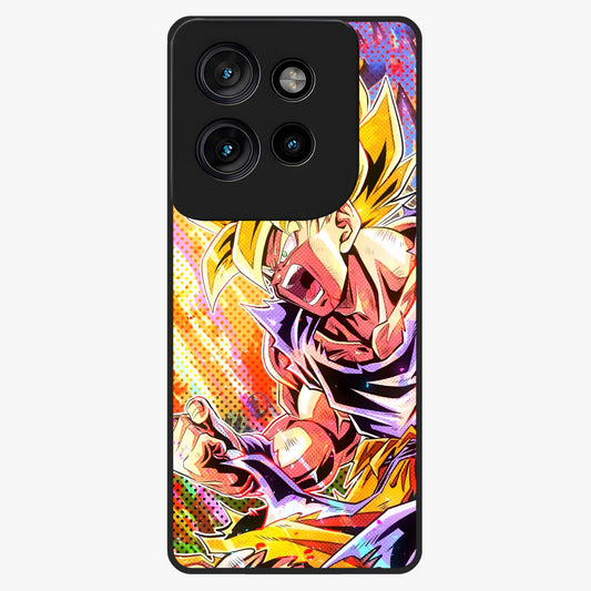 Firing Goku Glass Case showing flat back view with powerful anime inspired artwork and glossy glass finish.