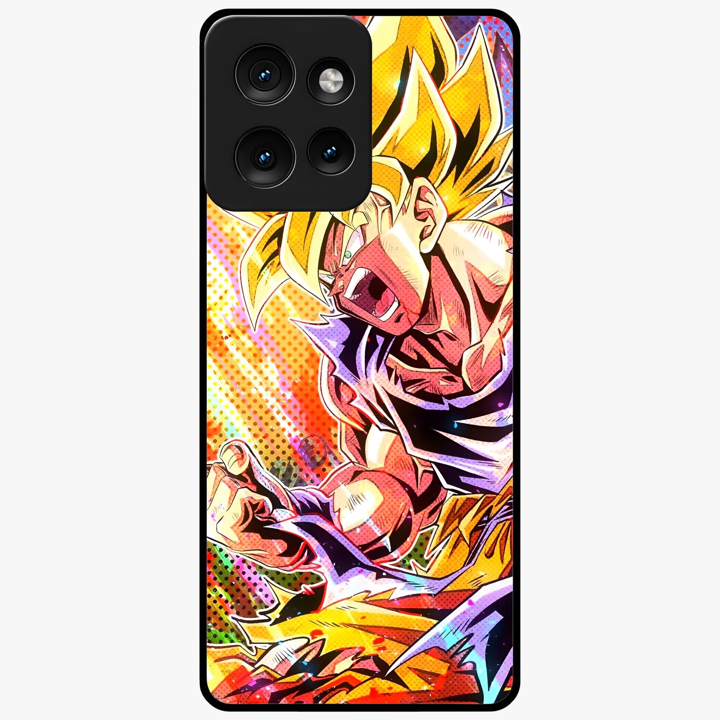 Firing Goku Glass Case showing flat back view with powerful anime inspired artwork and glossy glass finish.