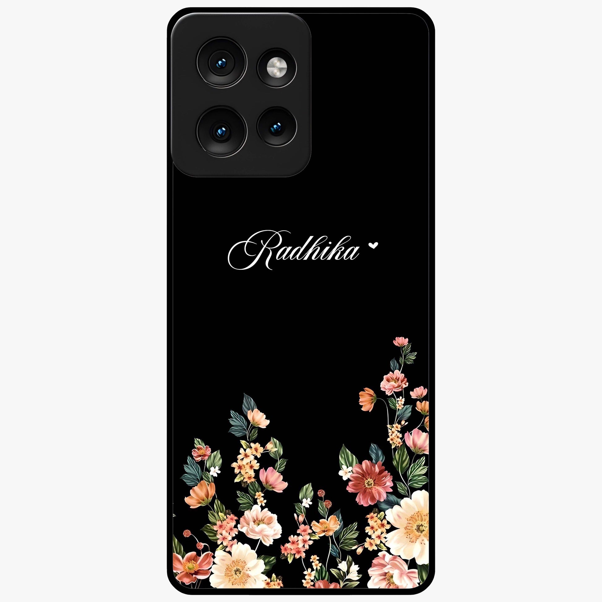 Floral Design With a Custom Personalized Name Glass Case showing flat back view with floral artwork and personalized name design.