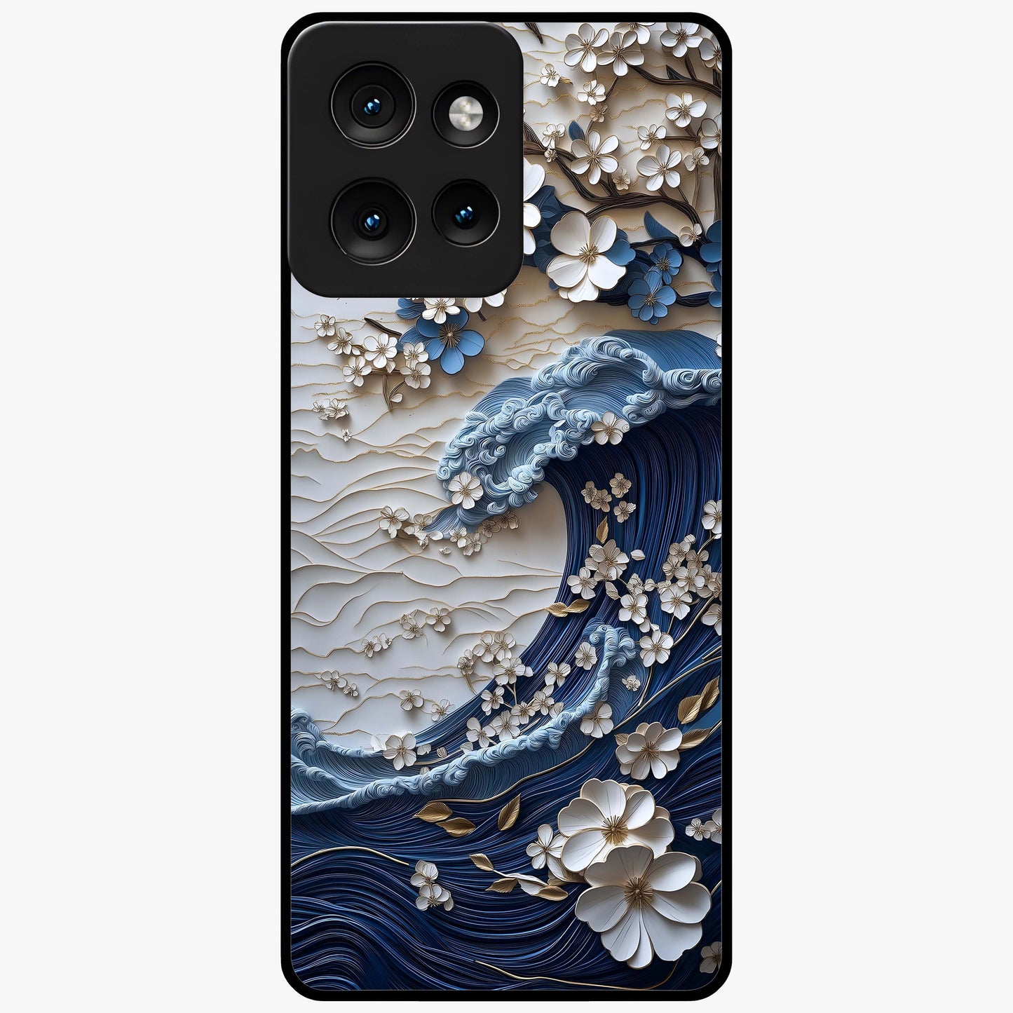 Floral Wave Origami Glass Case showing flat back view with origami inspired floral wave artwork and glossy glass finish.